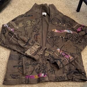 Chico's Artistic Brown Utility Jacket with Embroidery
